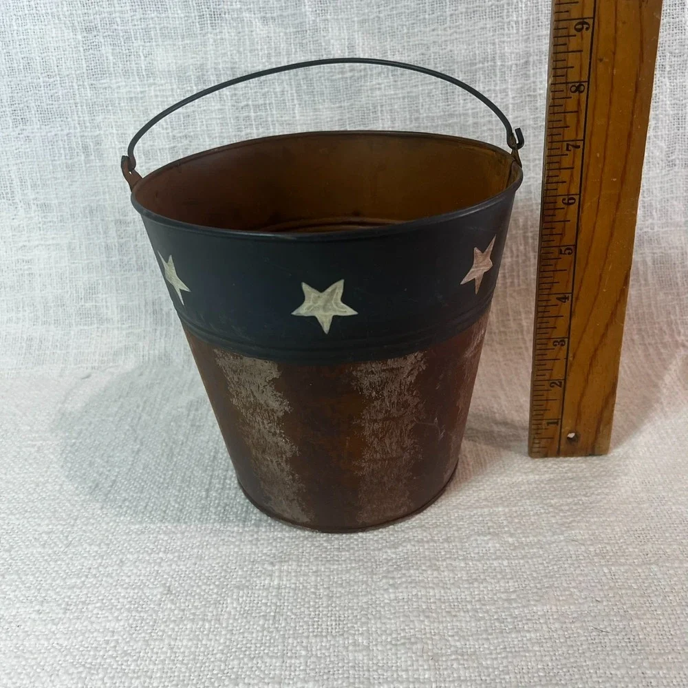 Primitive Rustic American Flag Tin Bucket‎ Holiday Seasonal Decor USA 6.75